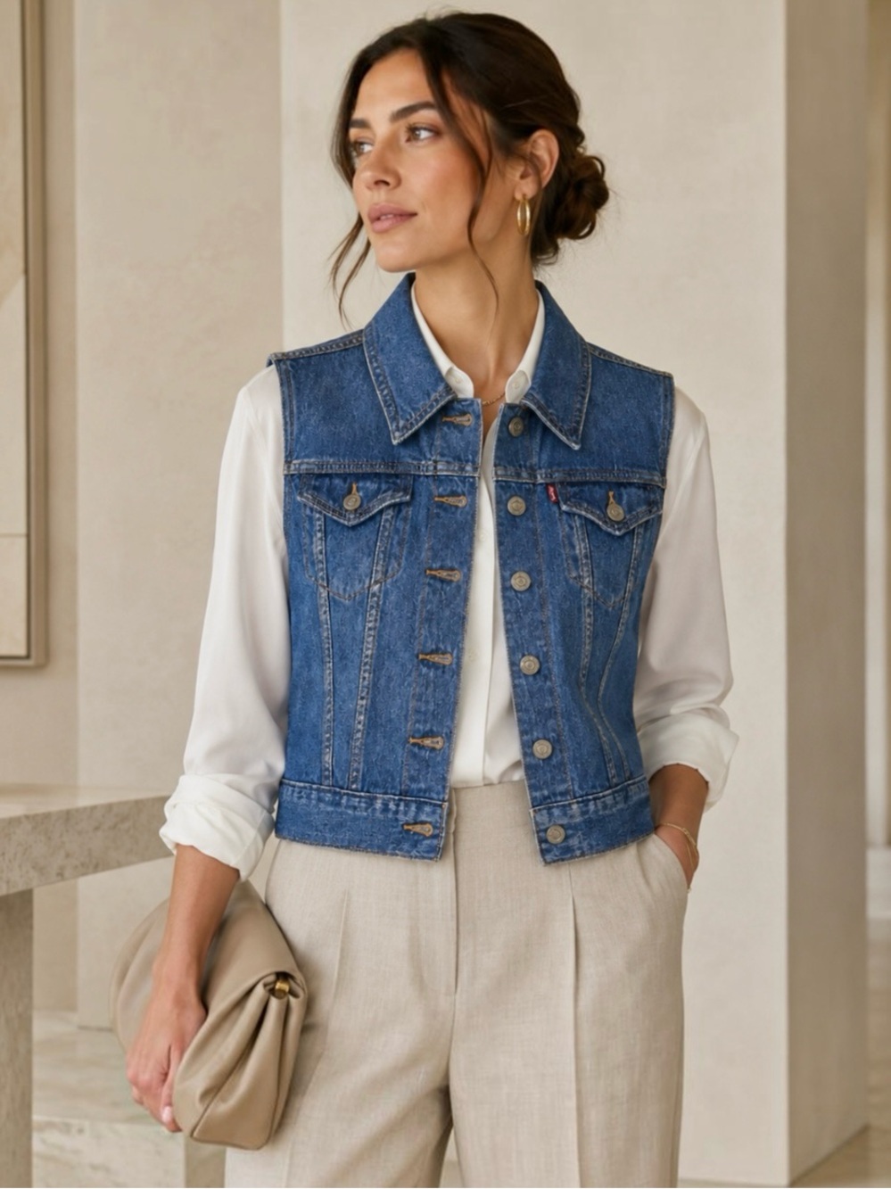 Levi’s Iconic Blue Denim Trucker Vest NWT Red Tab Classic Western Boho Chic Sz S